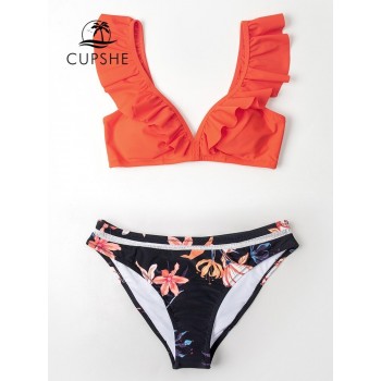 Orange Ruffle Bikini Sets With Floral Bottom Sexy Swimsuit Two Pieces